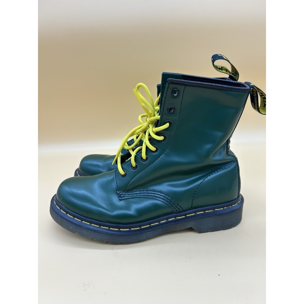 Dr. Martens 1460 Green Smooth Leather Boots Women's US 8 EU 39 Yellow Laces - Picture 3 of 6